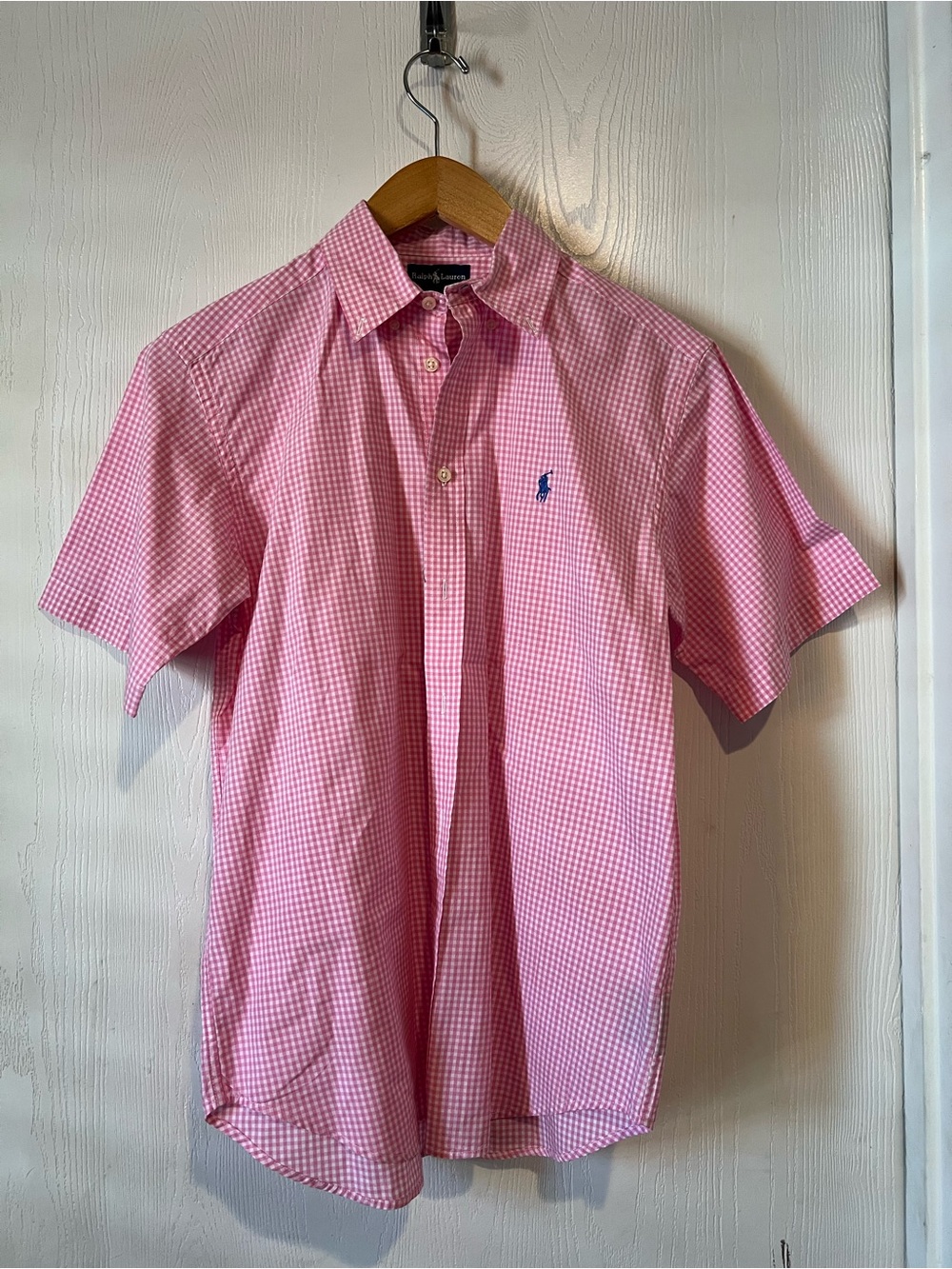 RALPH LAUREN polo Button Down Oxford Shirt Prep Pink white plaid boys Sz 16-18